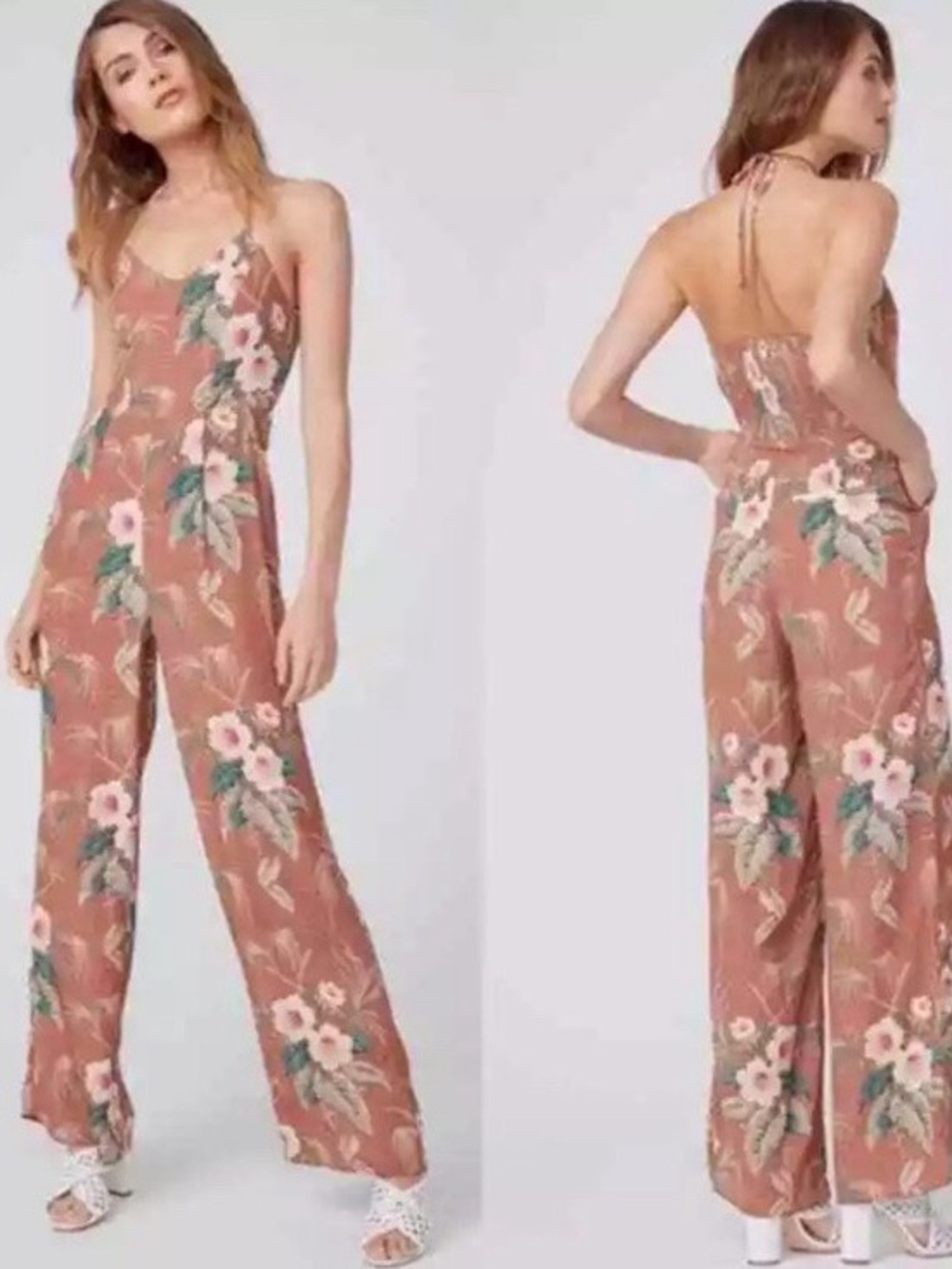 PAIGE Mocha Bisque Floral Halter Wide-Leg Jumpsuit